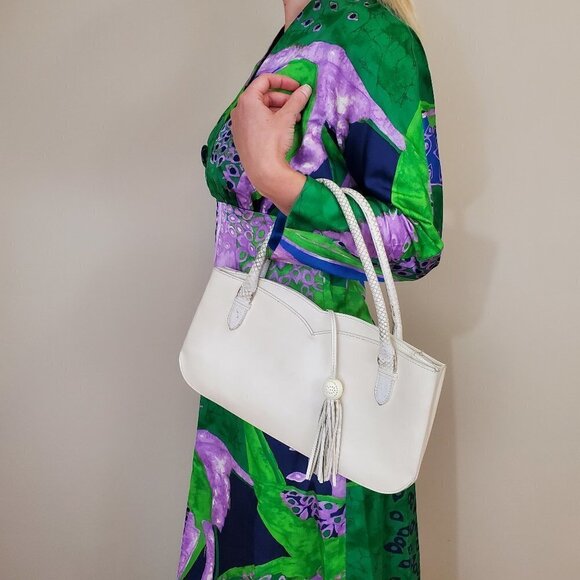 Escada Small Leather Handbag snake Handles Logo Fob with Tassel Ivory Italy - Picture 1 of 11